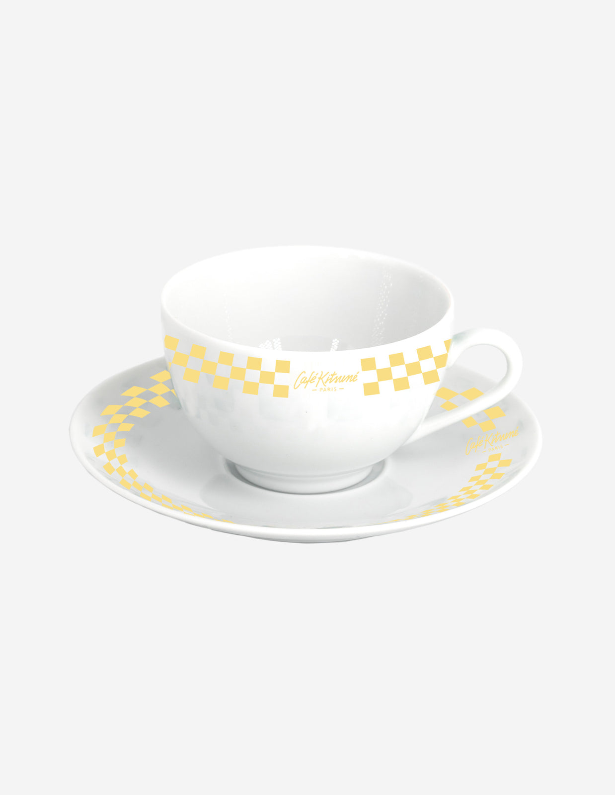 CHECKERBOARD PORCELAIN CAPPUCCINO CUP AND SAUCER