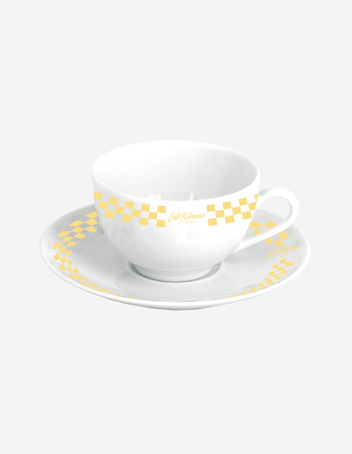 CHECKERBOARD PORCELAIN CAPPUCCINO CUP AND SAUCER