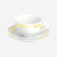 CHECKERBOARD PORCELAIN CAPPUCCINO CUP AND SAUCER
