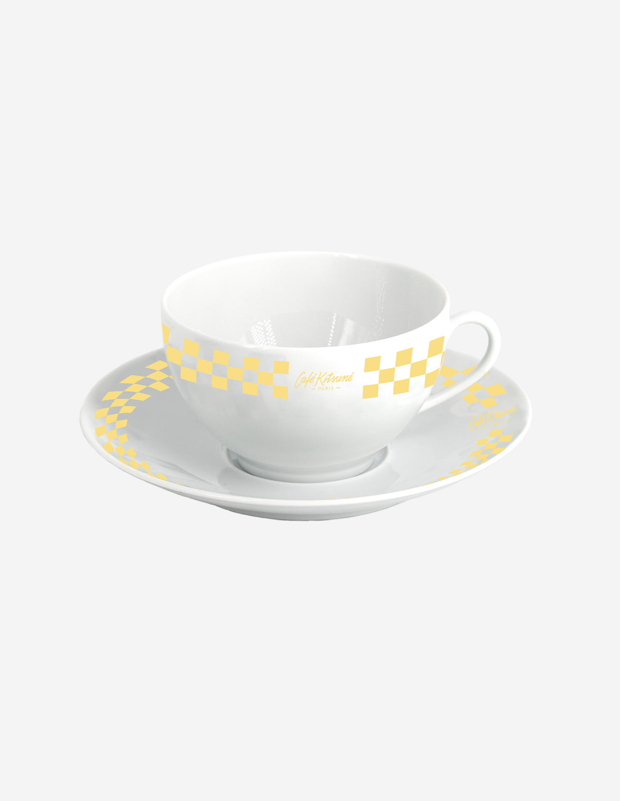 CHECKERBOARD PORCELAIN COFFEE CUP AND SAUCER