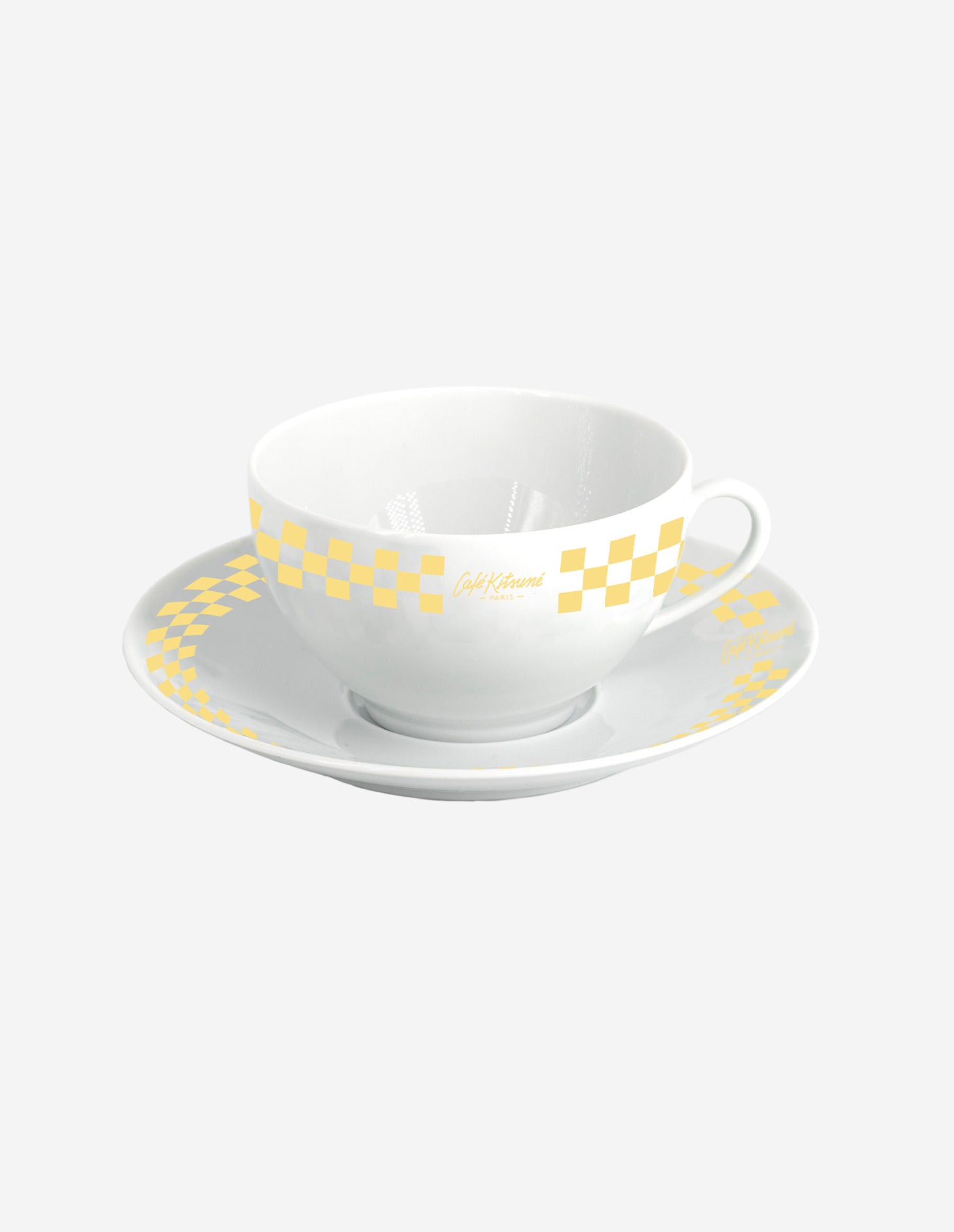 CHECKERBOARD PORCELAIN COFFEE CUP AND SAUCER