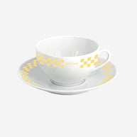 CHECKERBOARD PORCELAIN COFFEE CUP AND SAUCER