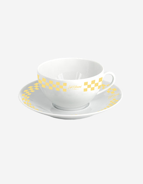 CHECKERBOARD PORCELAIN COFFEE CUP AND SAUCER